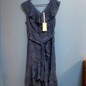 NWT GRACE KARIN WO SIZE XL NAVY BLUE BELTED FLORALDESIGN RUFFLES FAUX WRAP DRESS